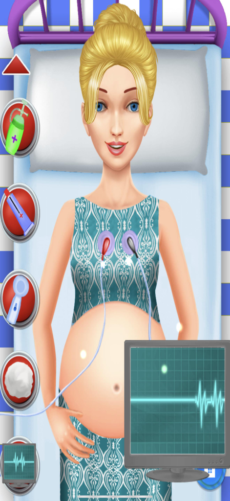 Newborn Twin Baby Mommy Doctor - Prenatal medical checkup simulation featuring a pregnant woman and a heart rate monitor screen