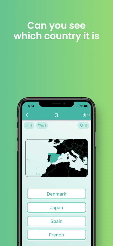 Flags game - Quiz - Interface de quiz de geografia mostrando um mapa destacando a Espanha com respostas de múltipla escolha.