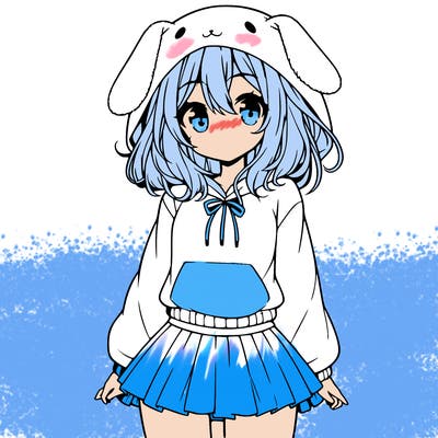 pretty anime girl wearing a fluffy hoodie with bunny ears on the hood and a skirt