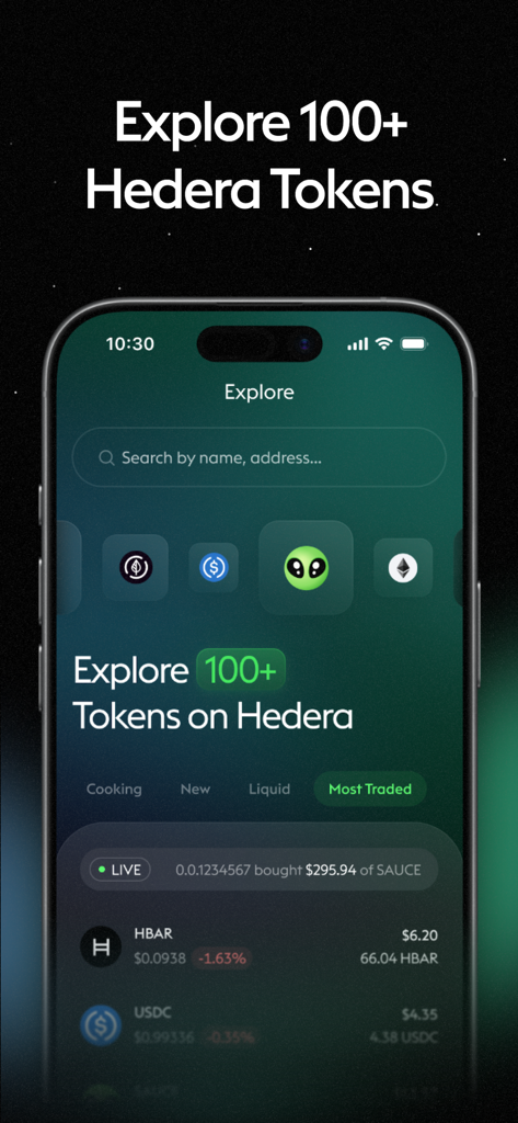 SaucerSwap: Hedera Wallet - Explore screen of the SaucerSwap Hedera Wallet app showcasing a list of 100 plus crypto tokens.