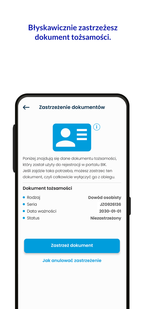 Mój BIK - bezpieczne finanse - Interface of the Mój BIK app showing how to block an identity document to prevent fraud