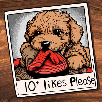 a super realistic polaroid image of a dog chewing on a hat