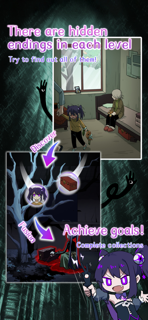 Écran de jeu de puzzle d'horreur d'anime montrant des fins cachées et des mécanismes de fusion de fragments d'histoire.