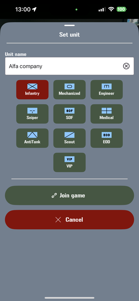 User interface for setting a unit name and selecting tactical roles like infantry or sniper in the Ares Alpha app