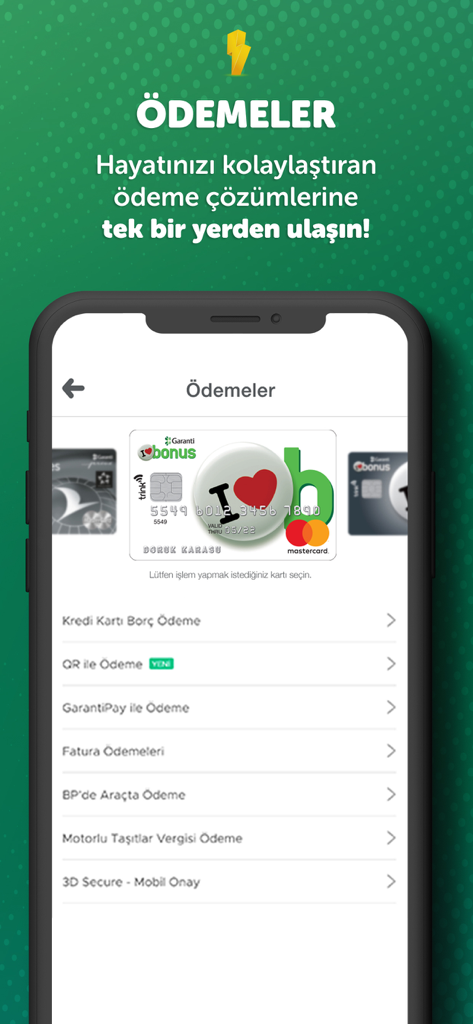 BonusFlaş - 請求書支払い、QRコード取引を含むBonusFlasアプリケーションのさまざまな支払いオプションを示すモバイルアプリ画面