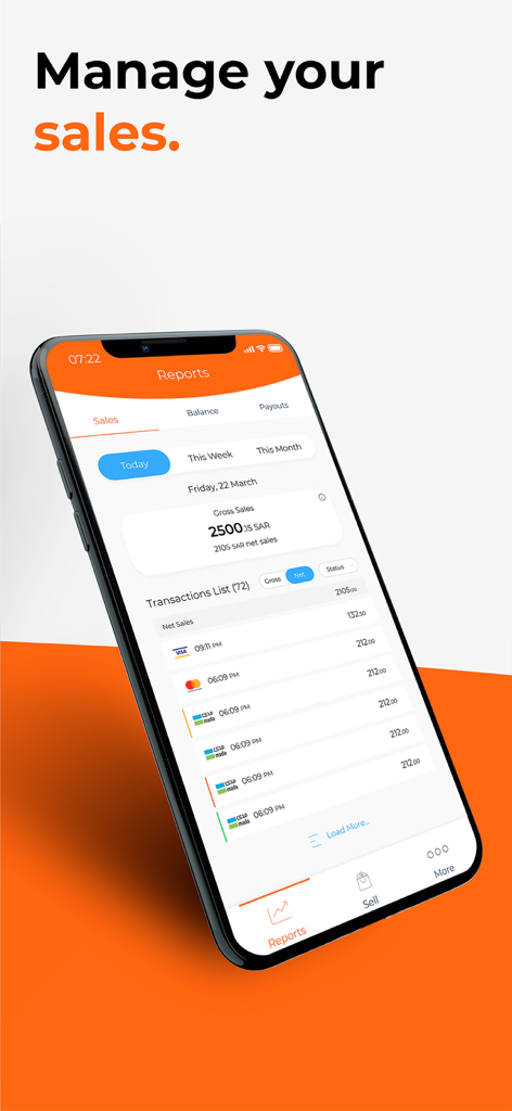 Geidea SoftPOS - Geidea SoftPOS app showing gross sales reports and transaction list on a smartphone