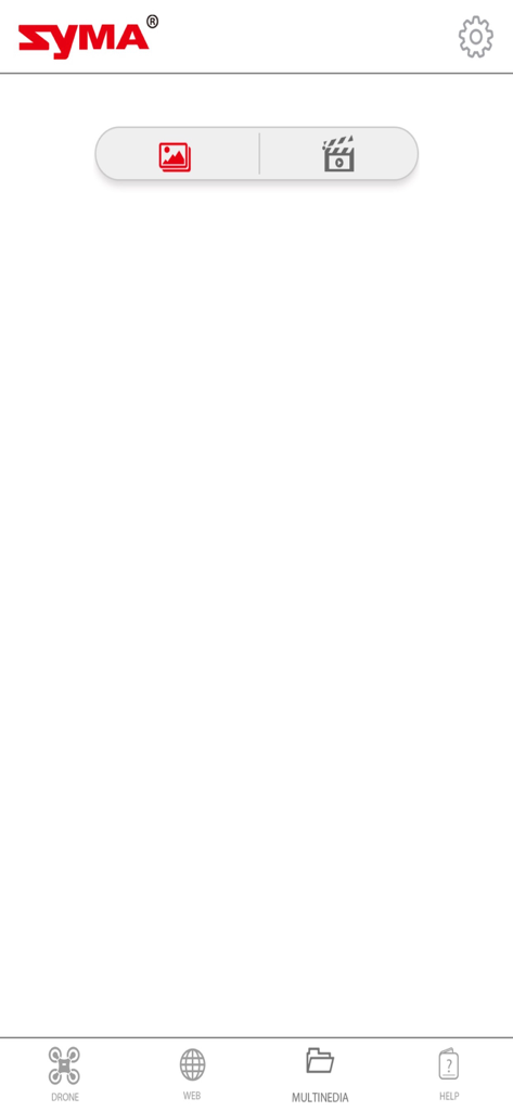 Tela multimídia do aplicativo SYMA FLY mostrando opções de galeria de fotos e vídeos