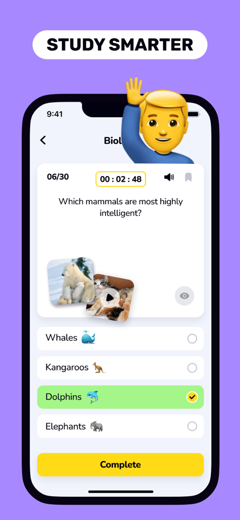 Flashcards Maker: Study Clever - Ein mobiler Quizbildschirm aus der Flashcards Maker App mit einer Biologiefrage mit Multiple-Choice-Antworten und Lernhinweisen.