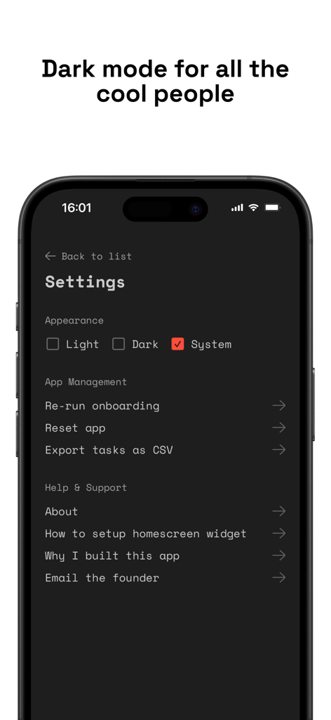 Focus: To Do - Focus To Do app settings screen in dark mode showing appearance and app management options