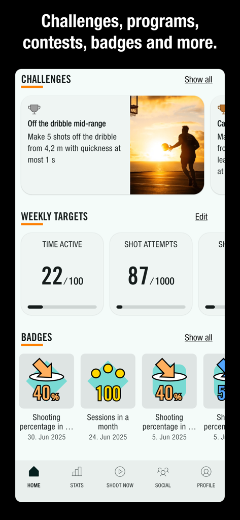 Spalding TF DNA - Home screen of the Spalding TF DNA app showing shooting challenges weekly practice targets and earned achievement badges