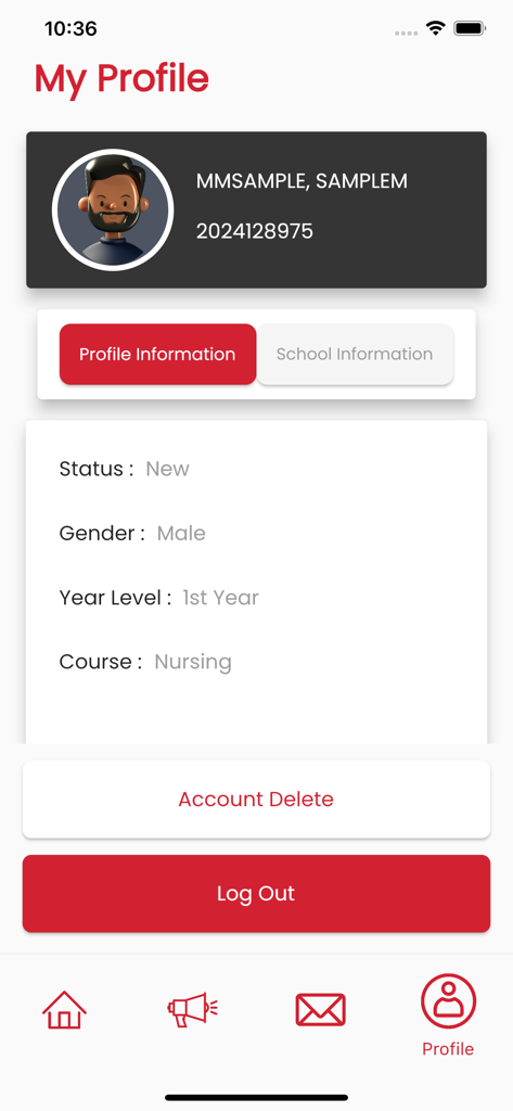 TRA Mobile Application - TRA 모바일 애플리케이션의 학생 프로필 화면, 간호학 학생의 개인 및 학업 정보 표시