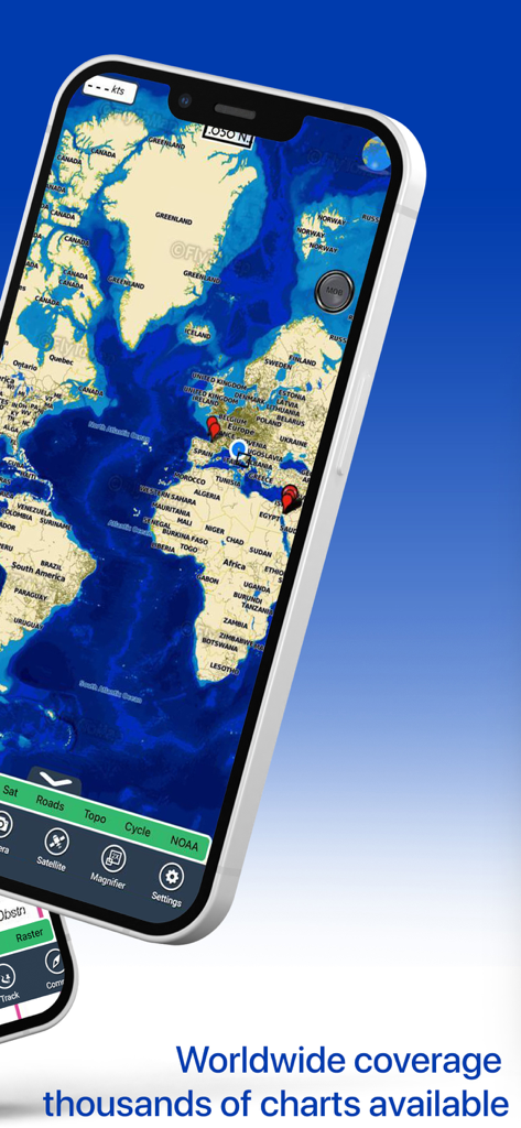 Flytomap All in One HD Charts - An iPhone displaying the Flytomap app with a global map and markers showing worldwide coverage of navigation charts.