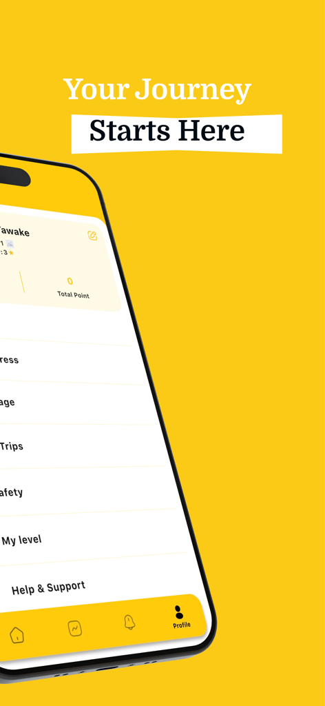 RideMai - Interface de perfil do aplicativo RideMai mostrando o menu do usuário e a linha de partida da jornada aqui