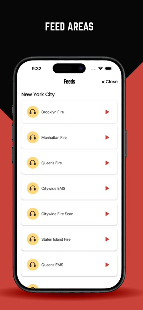 The Fire Wire App interface showing a list of live emergency radio feeds for New York City boroughs including Brooklyn, Manhattan, and Queens.