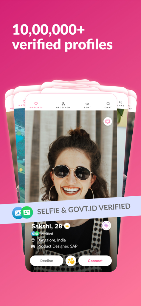 Betterhalf: Matrimony App - Betterhalf Matrimony App interface displaying a verified user profile with a selfie and government ID badge.
