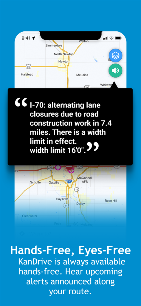 Capture d'écran de l'application KanDrive montrant des notifications audio mains libres pour les travaux routiers.