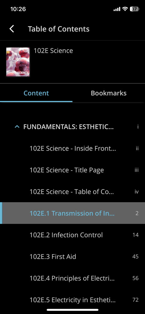 Pivot Point Reader - La aplicación Pivot Point Reader mostrando el índice de un libro de ciencia estética.