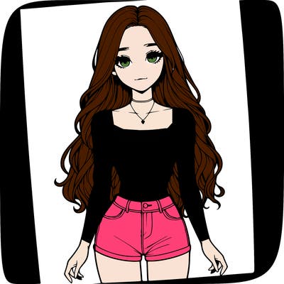 a realistic girl with long hair and in a crop top and shprts