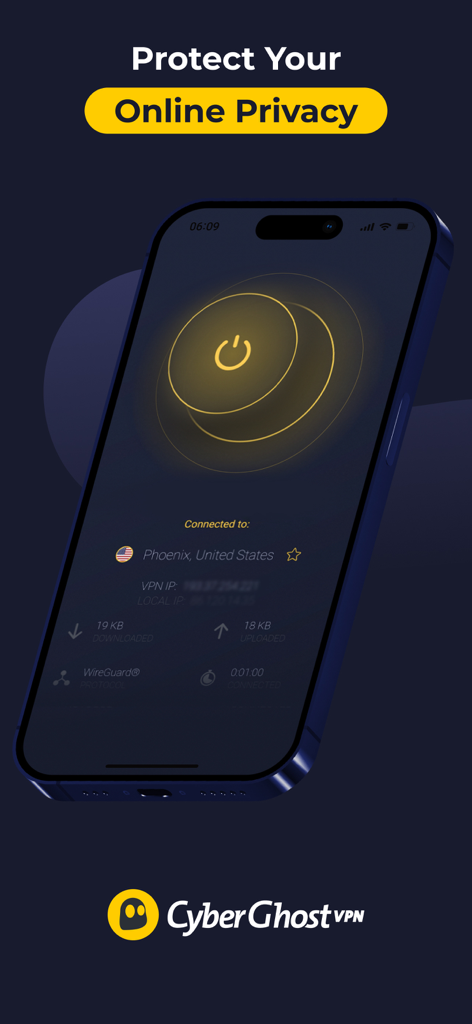 CyberGhost VPN app on a smartphone showing a secure connection to a server in Phoenix United States for online privacy protection