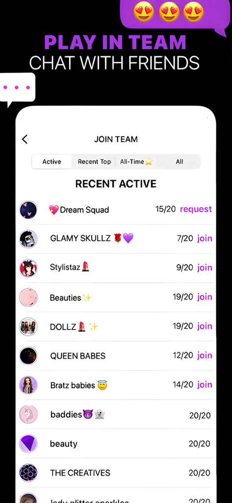Makeup Creator: Makeup Games - Makeup Creator app screenshot showing the Join Team screen with a list of active beauty groups and social chat features.