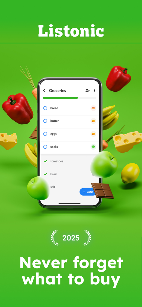 Grocery List - Listonic - Smartphone exibindo o aplicativo de lista de compras Listonic cercado por itens flutuantes de alimentos frescos