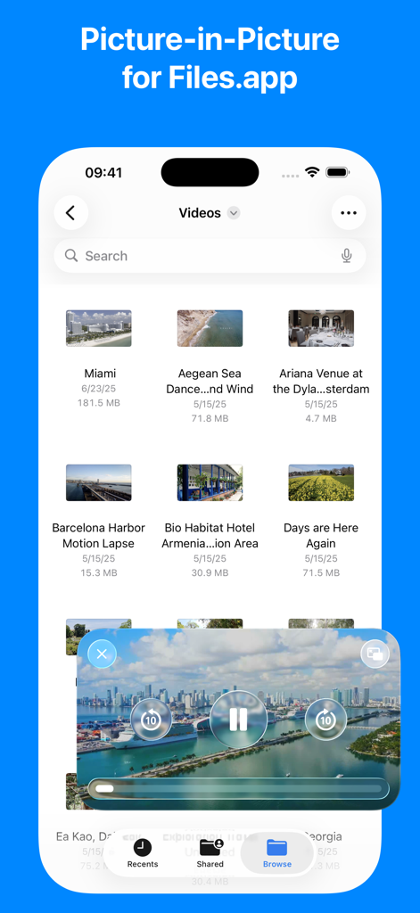 X.app - X.app showing picture in picture video player over files app on iphone