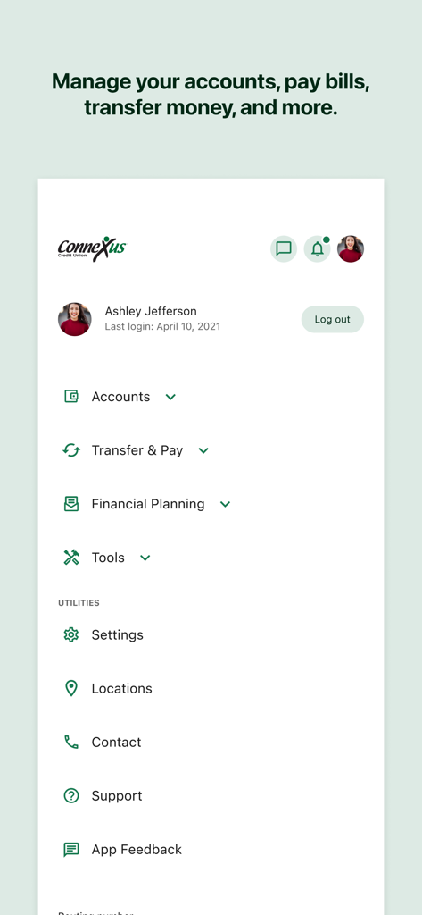 Main dashboard of the Connexus CU Mobile App displaying navigation for accounts and transfers