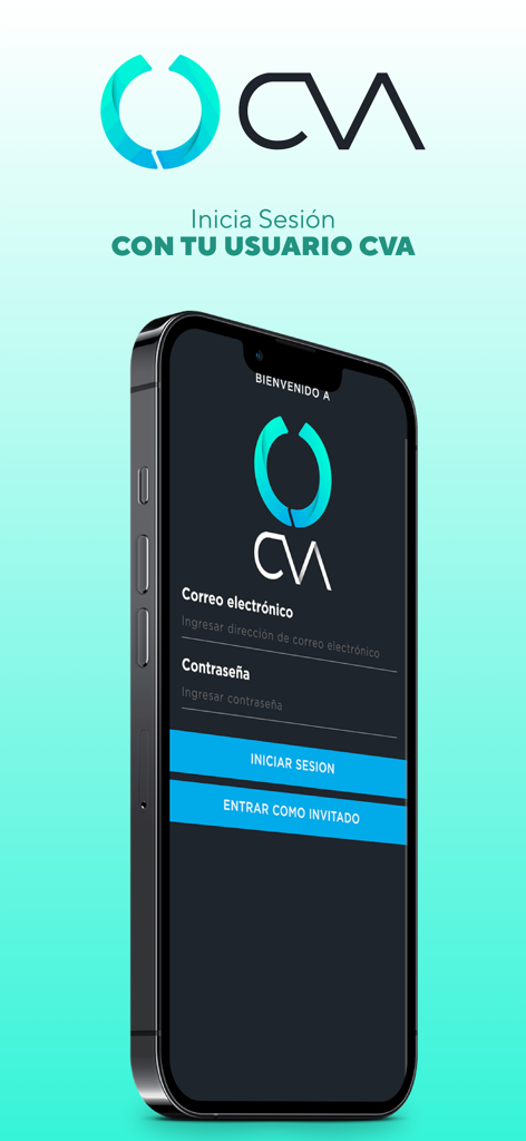 CVA app login screen with email and password input fields on a smartphone