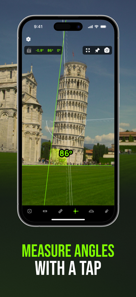 Level Tool: Bubble Leveler Pro - A smartphone using the level tool app to measure the angle of the Leaning Tower of Pisa using the camera and protractor feature