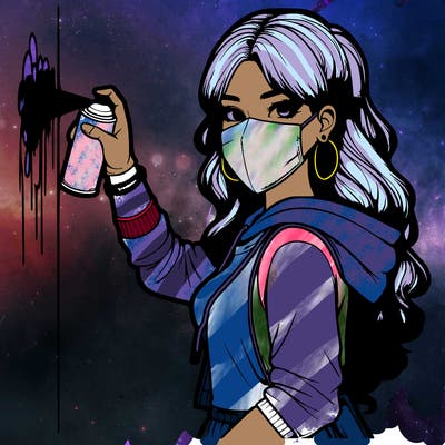 realistic girl with mask spray painting a wall