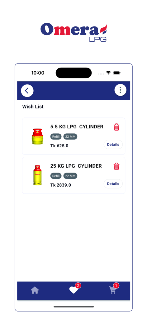LPG Solutions - The wishlist screen of the LPG Solutions mobile app displaying Omera gas cylinder options and their prices in Bangladeshi Taka.