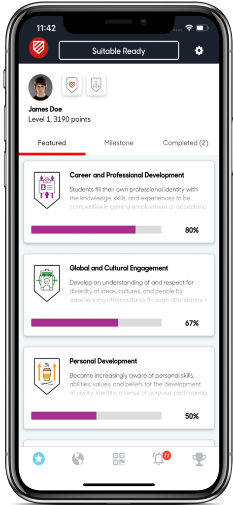 Suitable app user profile showing progress bars for career development and cultural engagement