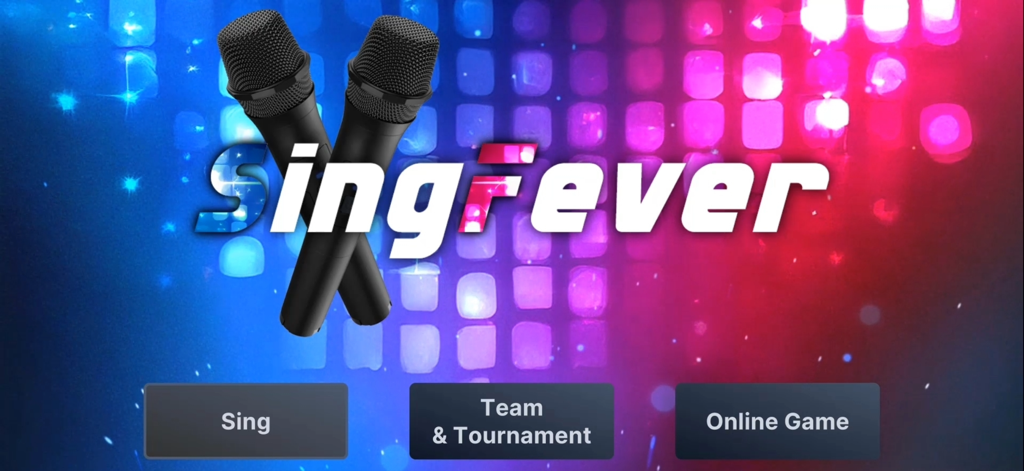 SingFever - Your Sing Game - SingFever app main menu showing crossed microphones and options for sing, team and tournament, and online game