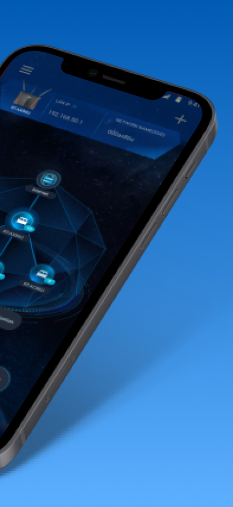 ASUS Router - Interfaccia dell'app ASUS Router che mostra una mappa della topologia di rete con nodi AiMesh