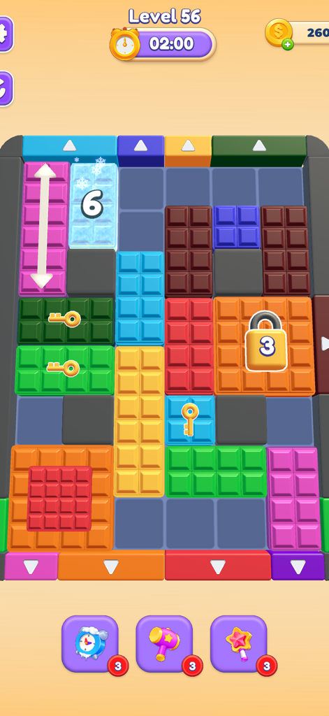 Block Out Master: Color Jam 3D - Gameplay screen of Block Out Master Color Jam 3D showing a colorful block puzzle with keys and locks