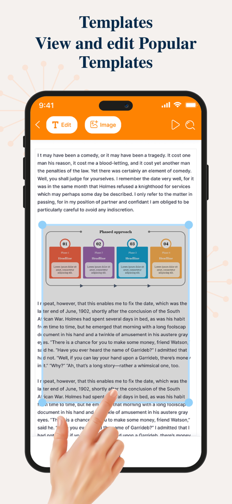 PPT Editor: Power Point Sheets - Editing a presentation template with a phased approach diagram on a mobile phone