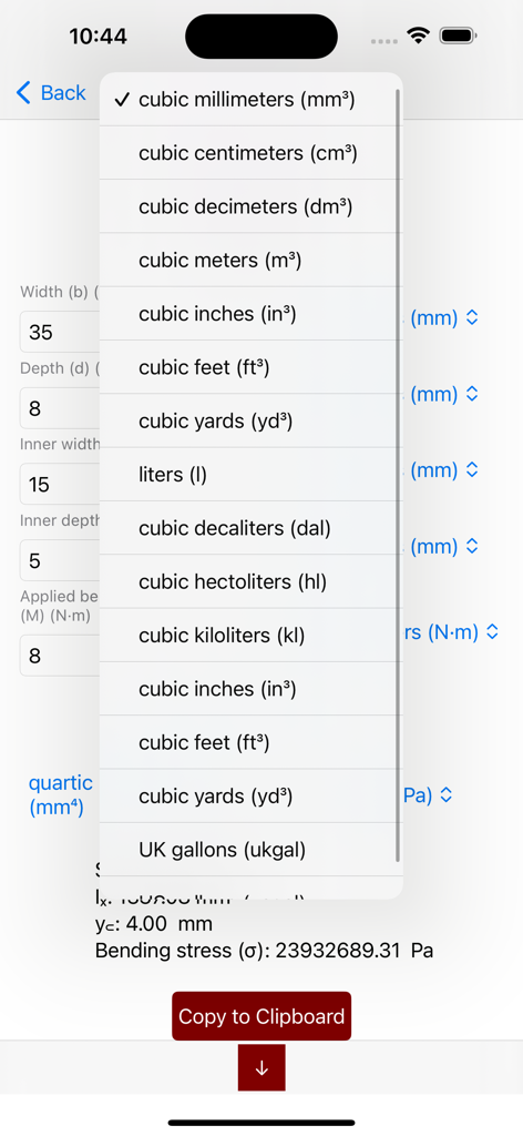 Beam Stress Calculator Beamer - Unit selection menu for beam stress calculations including metric and imperial volume units