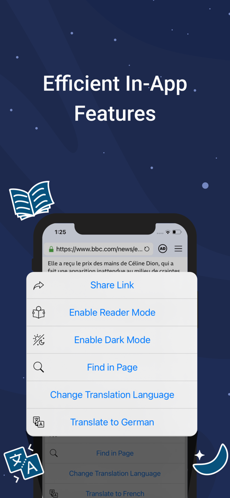 Private Browser: Web Browser - In-App-Funktionen von Ghost Private Browser mit Dark-Mode- und Übersetzungsoptionen