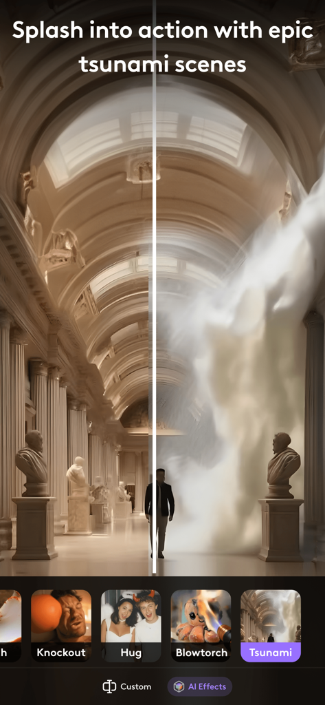 LTX Buzz app interface showing an AI generated tsunami effect being applied to a photo of a grand hall with statues