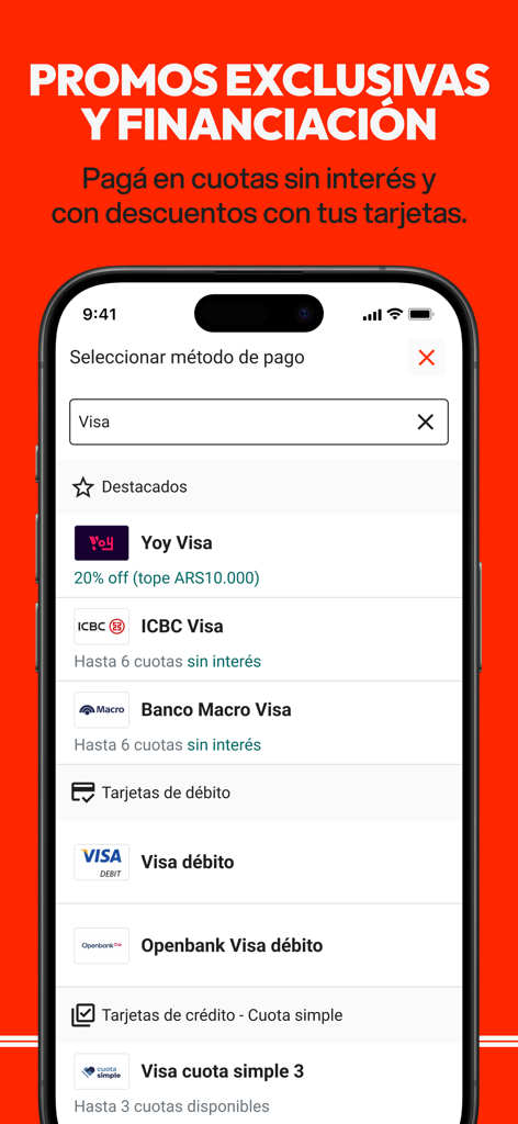 Plataforma 10 Pasajes de Micro - Mobile app screen showing various credit and debit card payment options with interest-free installment plans for bus ticket purchases.