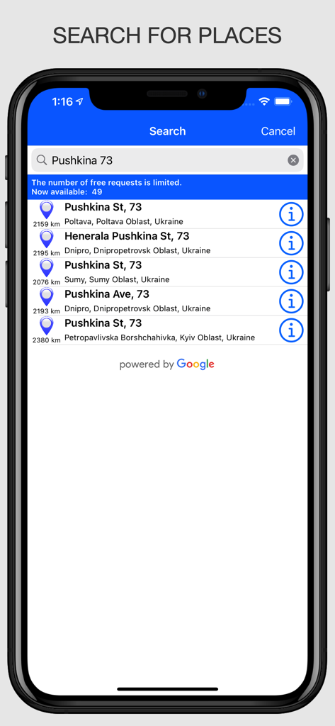 Offline Maps: GPS Tracker GPX - Mobile Oberfläche zeigt die Suche nach Orten in der Offline Maps App
