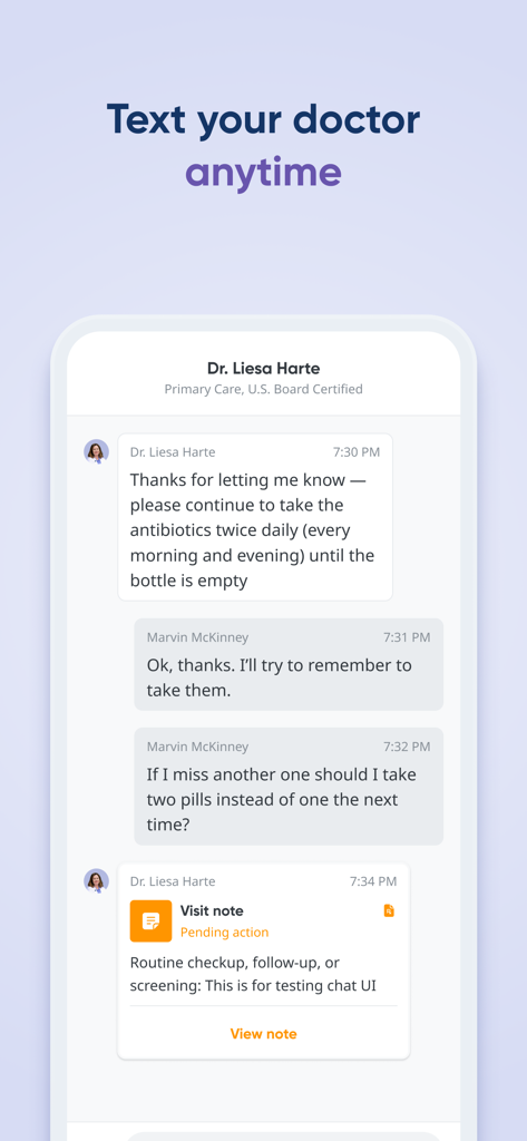 HealthTap Primary Care Doctors - Una interfaz de chat de texto segura entre un paciente y un médico de atención primaria dentro de la aplicación HealthTap.