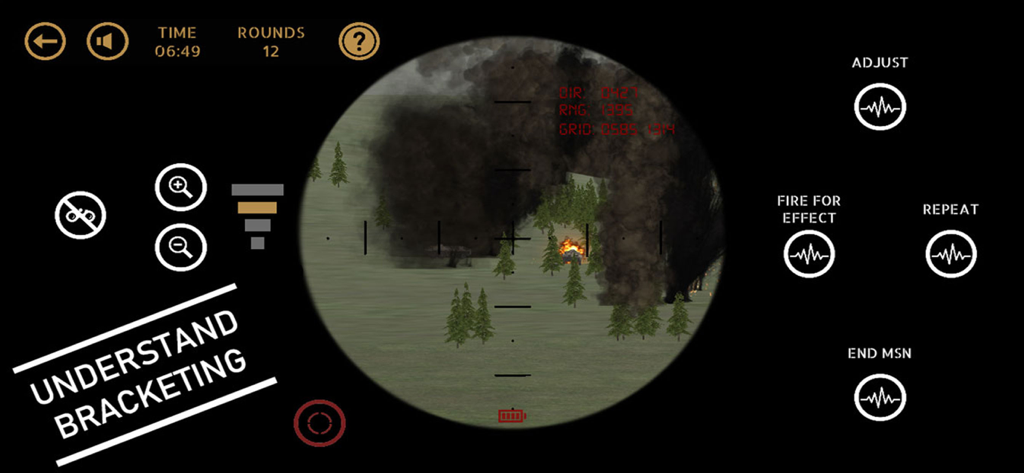 Call For Fire app screenshot showing a tactical scope view and bracketing simulation