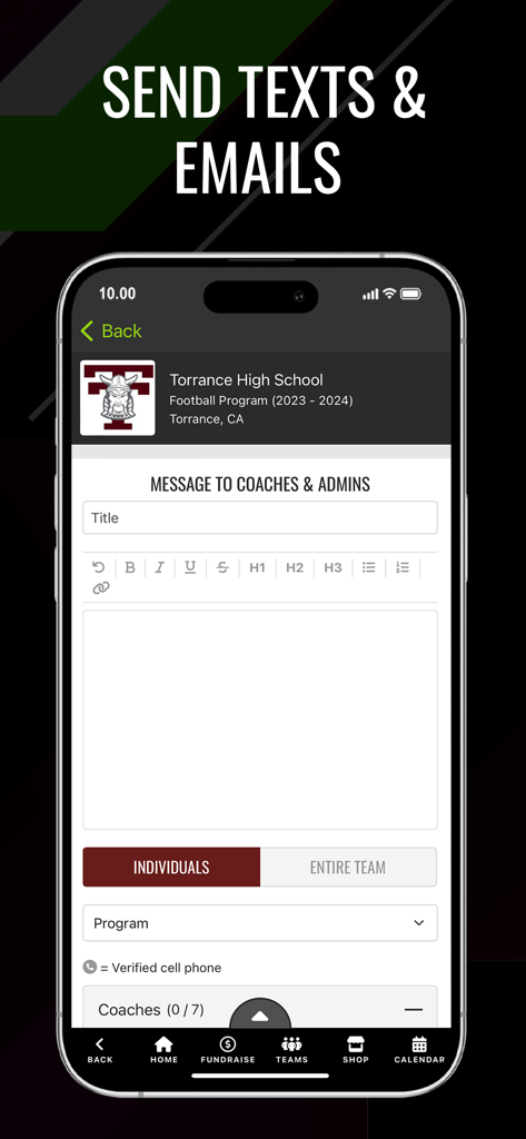Blast Athletics app interface for sending texts and emails to team coaches and admins