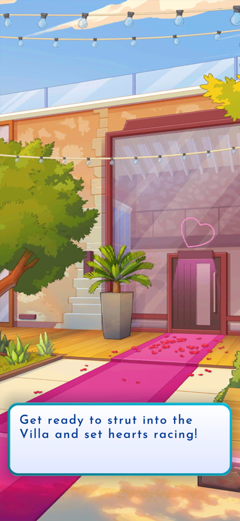 A pink carpet with flower petals leading to the entrance of a luxury villa with a heart neon sign in the background.