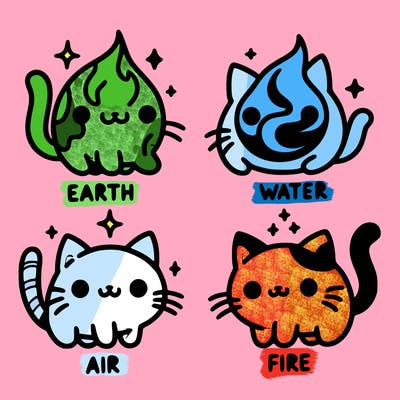 4 cats that represent the different elements, earth, water, air, and fire