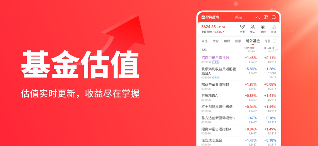 同花顺投资账本-股票基金、股票分析、股票工具、股票投资、估值 - 同花顺投资账本应用屏幕上的实时基金估值和表现追踪界面。