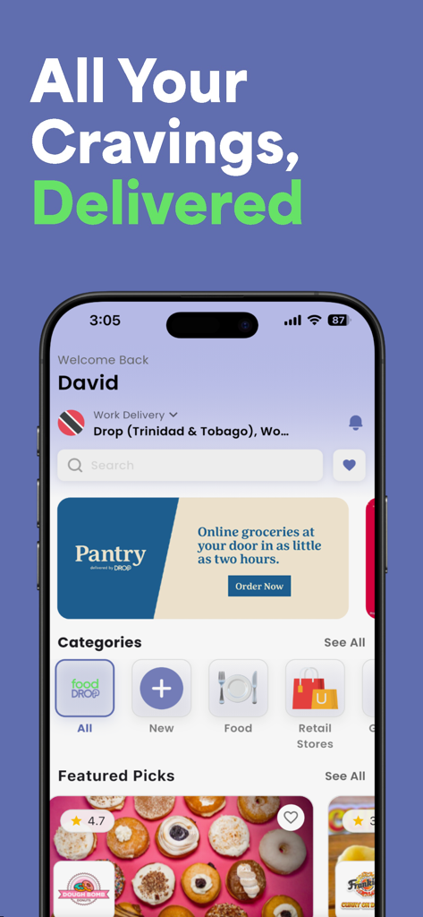 Home screen of the foodDROP mobile app featuring food and grocery delivery categories in the Caribbean.