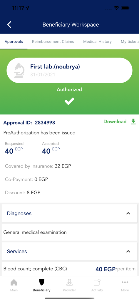 MedRight for Medical Services - MedRight app interface showing an authorized medical approval and insurance coverage details