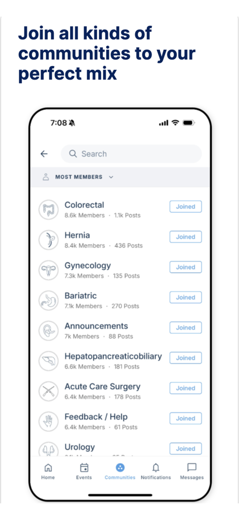 SurgeOn - Surgery Unified - SurgeOn app screen displaying a list of surgical specialty communities such as colorectal hernia and gynecology for professional networking